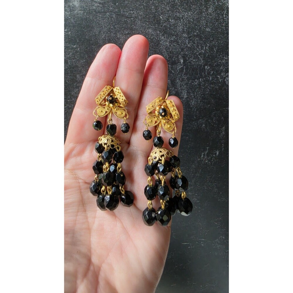 Black & Gold Tone Metal Beaded Dangling Pierced Earrings Vintage